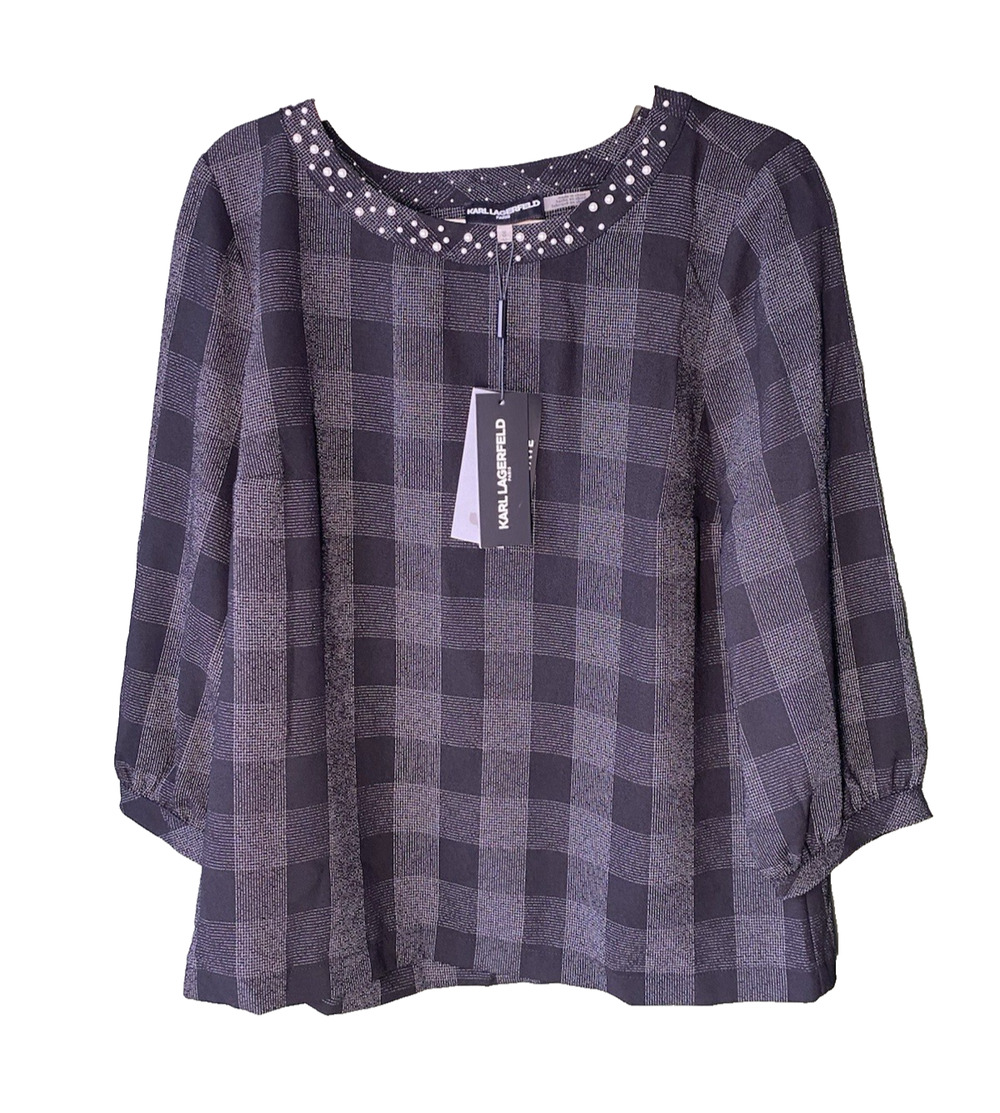 Karl Lagerfeld Shirt Women's Medium NEW Gray Black & Plaid Career Office Blouse